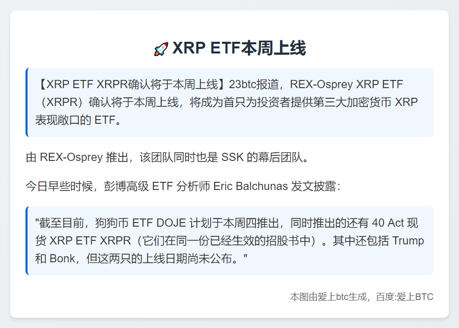 XRP ETF本周上线