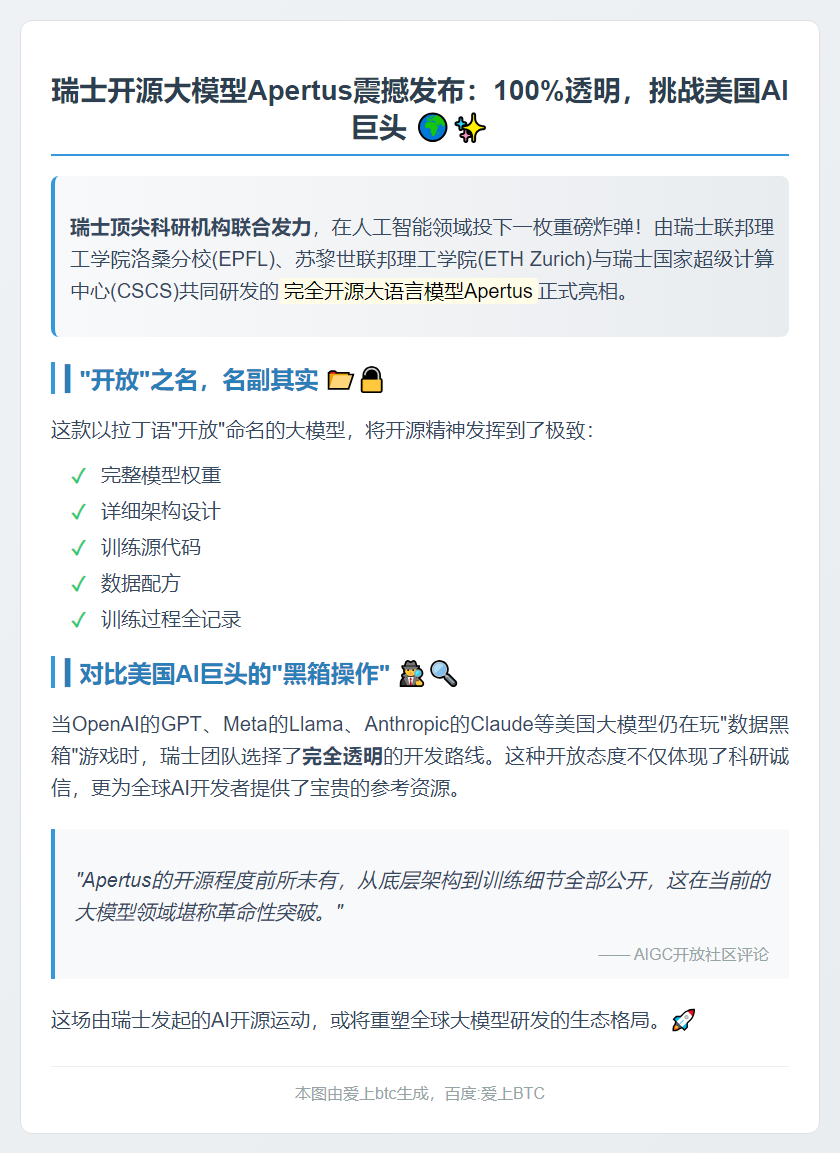 瑞士开源Apertus，挑战全球大模型