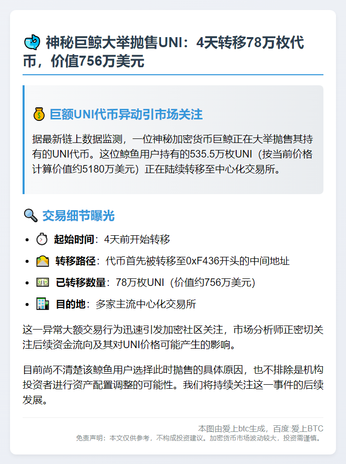 鲸鱼4天转78万UNI进CEX 价值756万刀