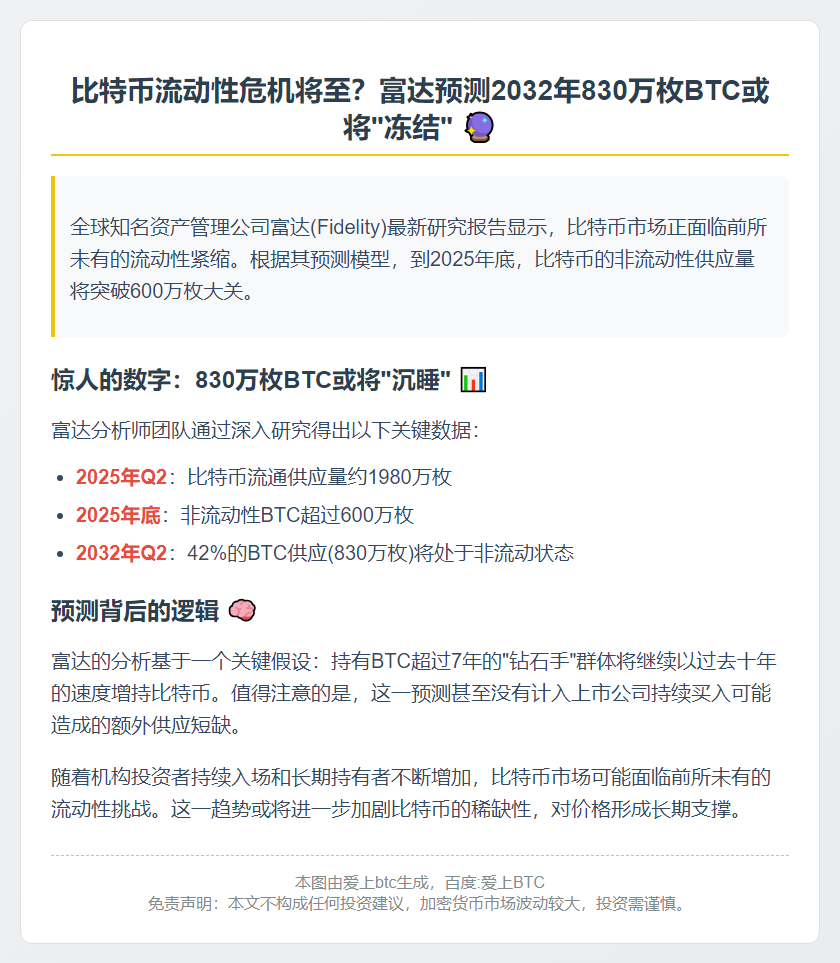 富达：2032年比特币非流动性或达830万