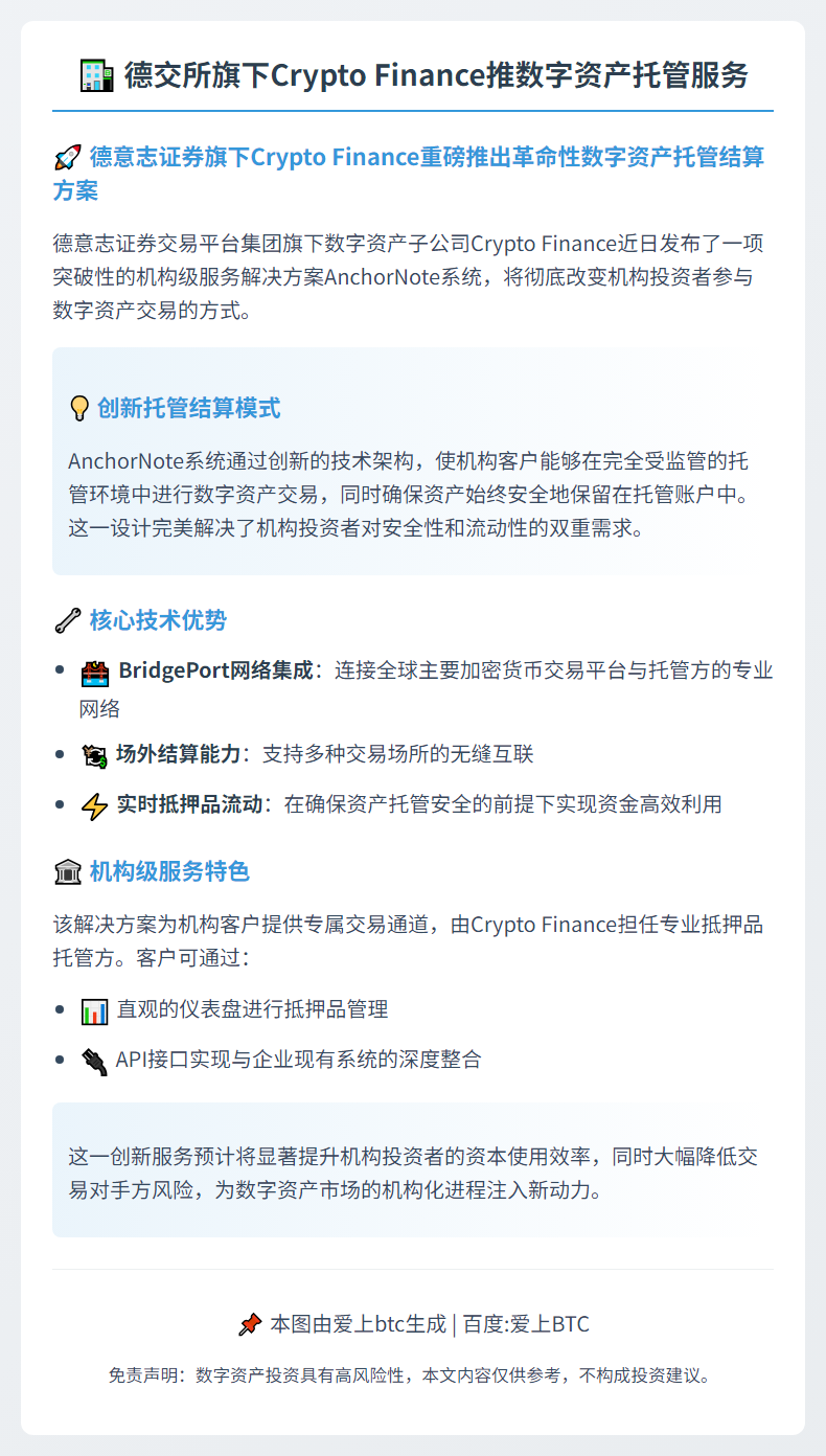 德交所旗下Crypto Finance推数字资产托管服务