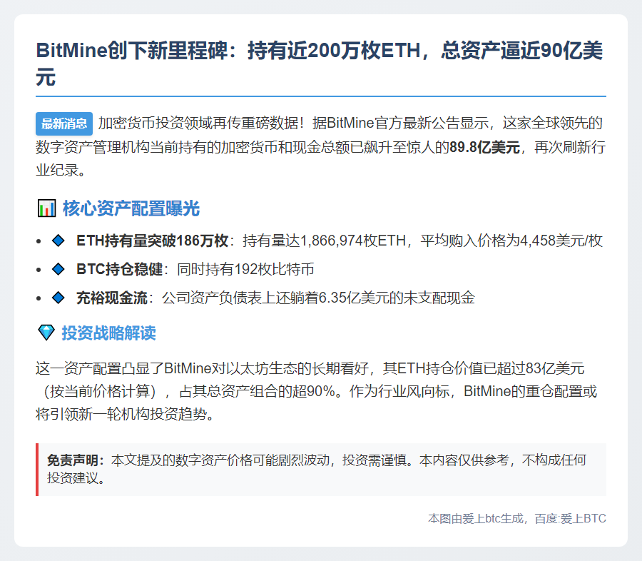 BitMine持有187万ETH，资产近90亿美元
