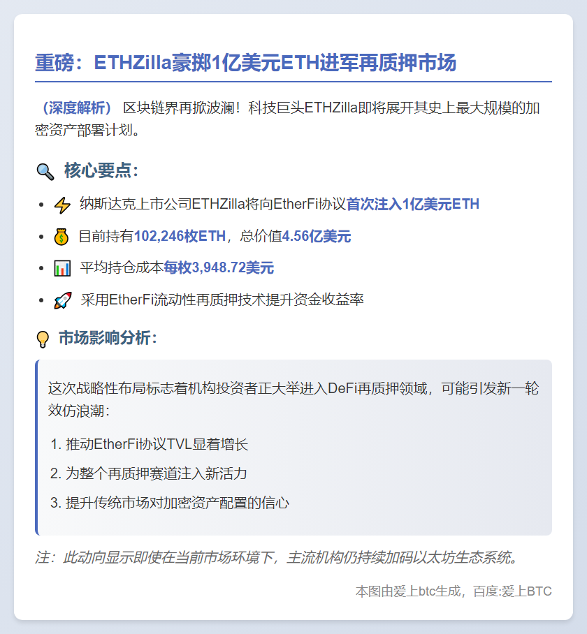 ETHZilla投1亿ETH再质押EtherFi