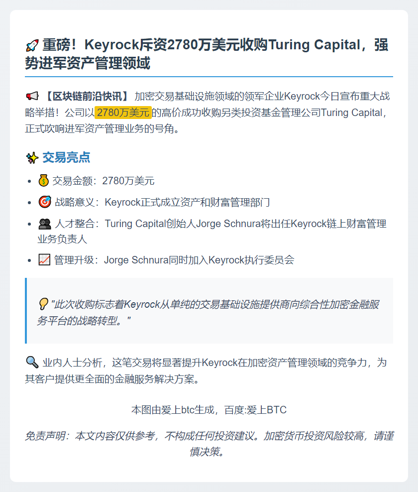Keyrock收购Turing Capital，扩大资管规模