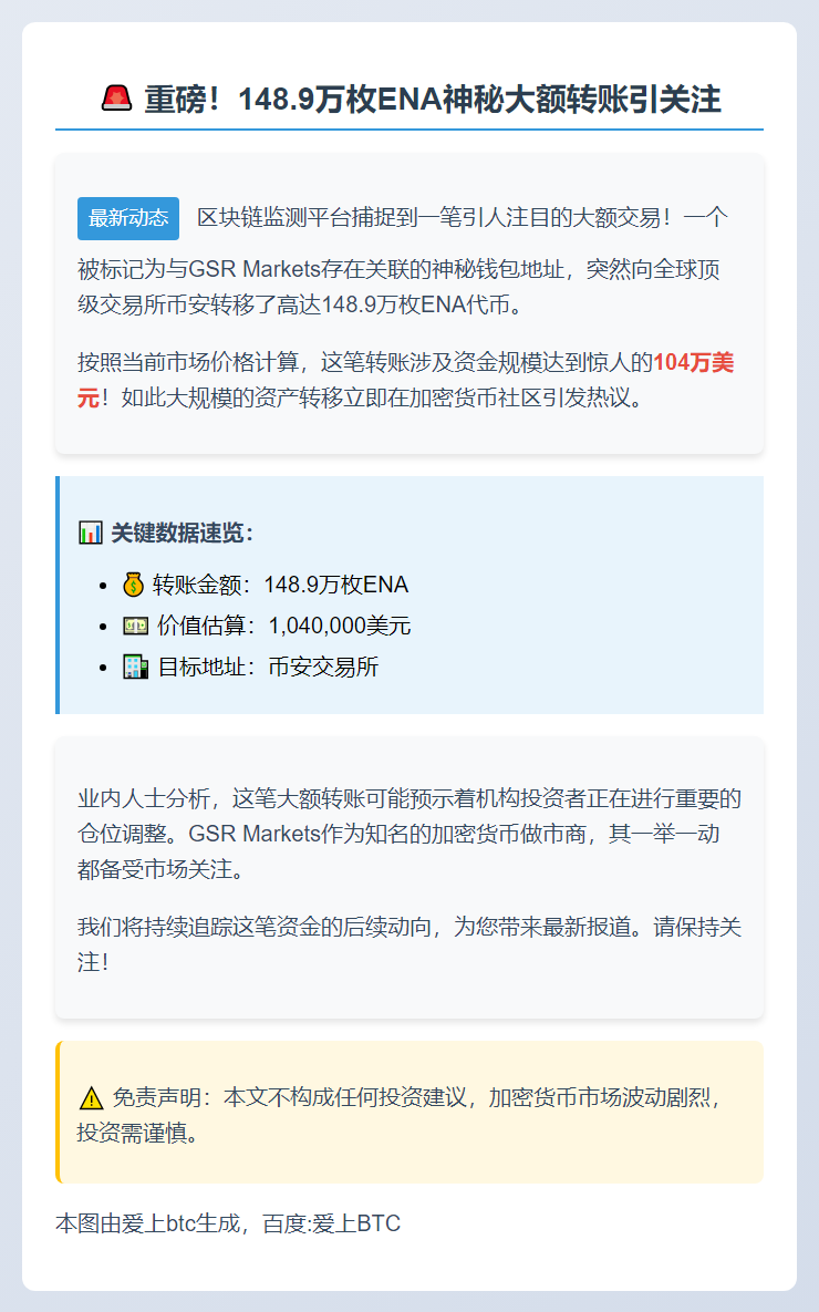 "148.9万枚ENA转入币安 价值104万美元"