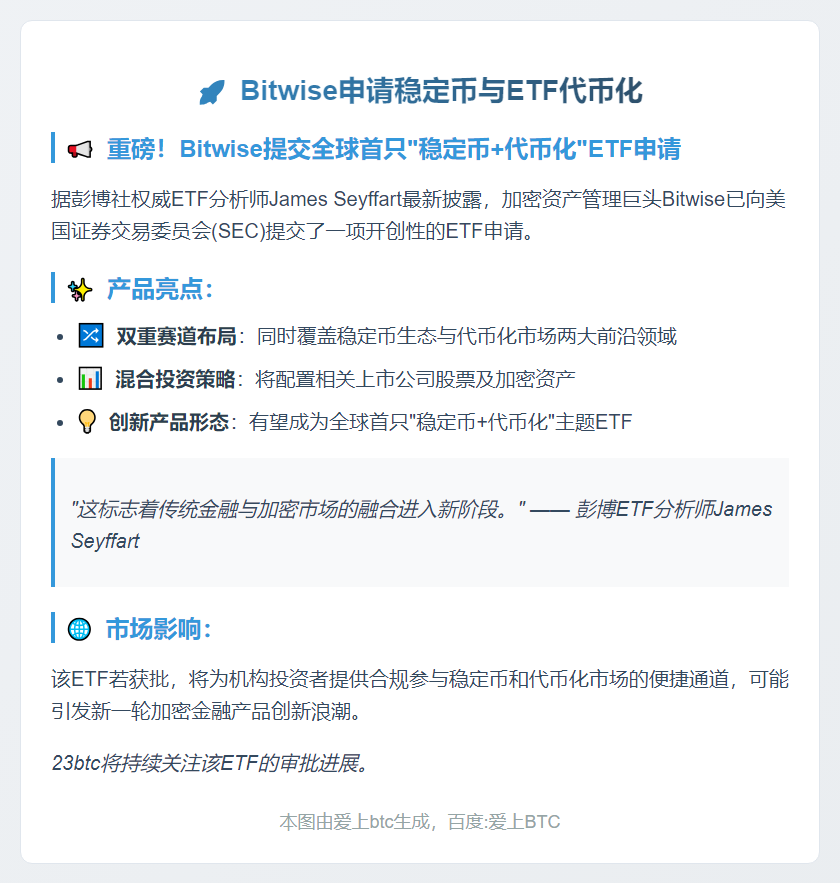 Bitwise申请稳定币与ETF代币化
