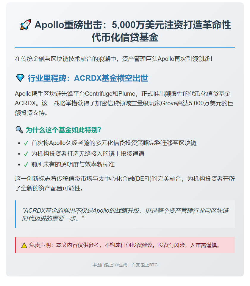 Apollo获5000万美元推信贷代币基金