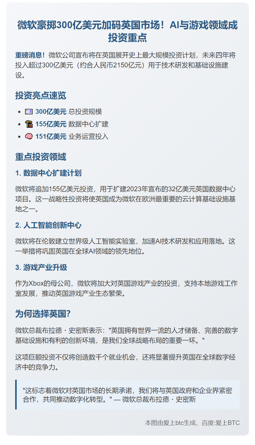 微软四年内对英投资超300亿美元