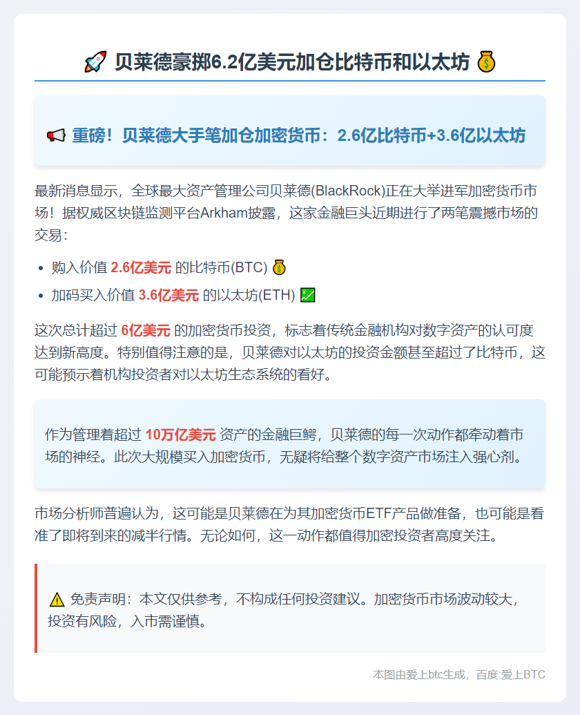 贝莱德豪掷6.2亿美元加仓比特币和以太坊