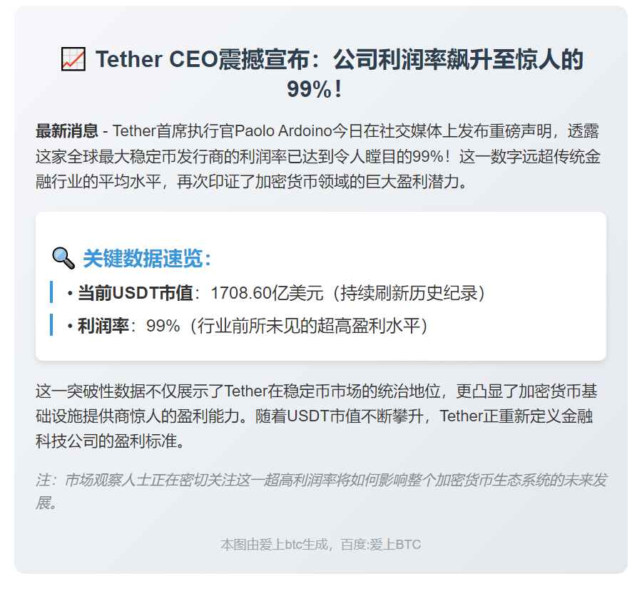 Tether CEO：利润率高达99%