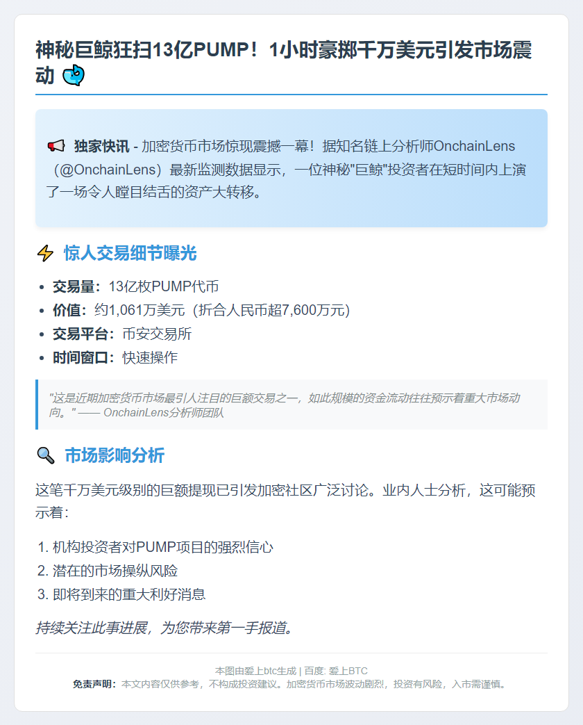 巨鲸11小时狂提13亿PUMP，价值超千万美元