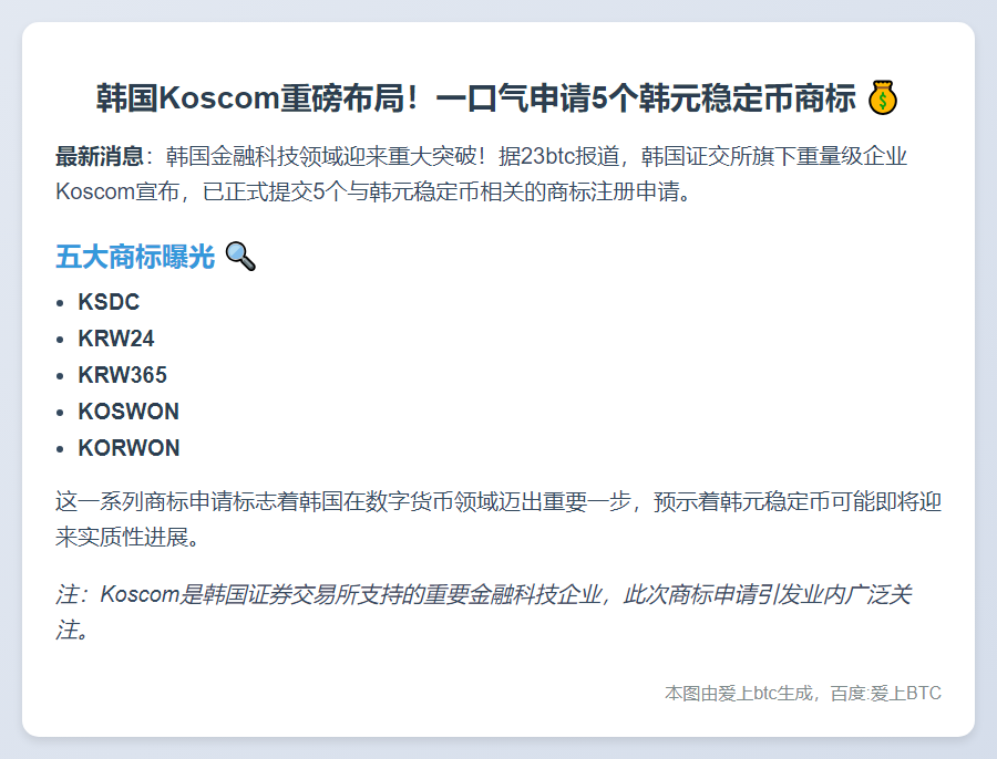 韩国Koscom申请5个韩元稳定币商标
