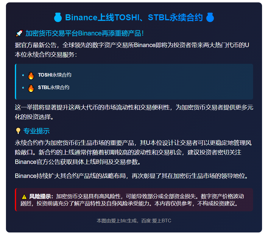 Binance上线TOSHI、STBL永续合约