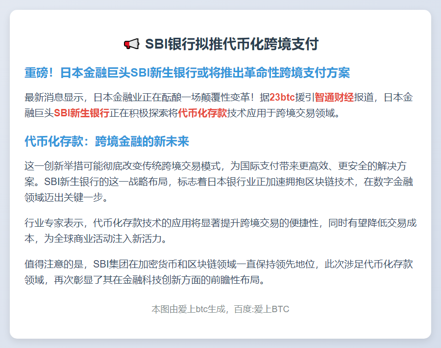 SBI银行拟推代币化跨境支付