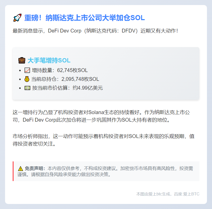 DeFi Dev Corp增持6.3万SOL 持仓超210万