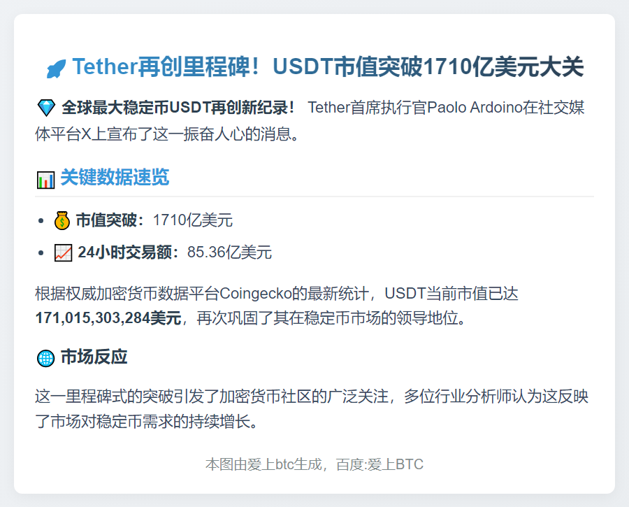 Tether市值突破1710亿美元再创新高