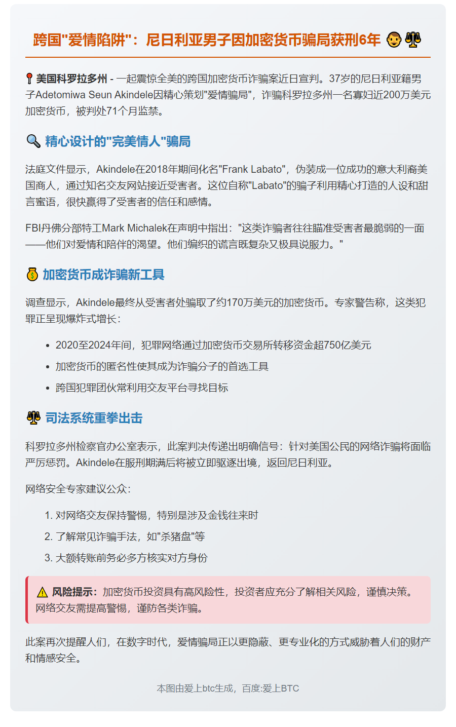 尼日利亚男子因200万美元加密货币爱情骗局获刑6年
