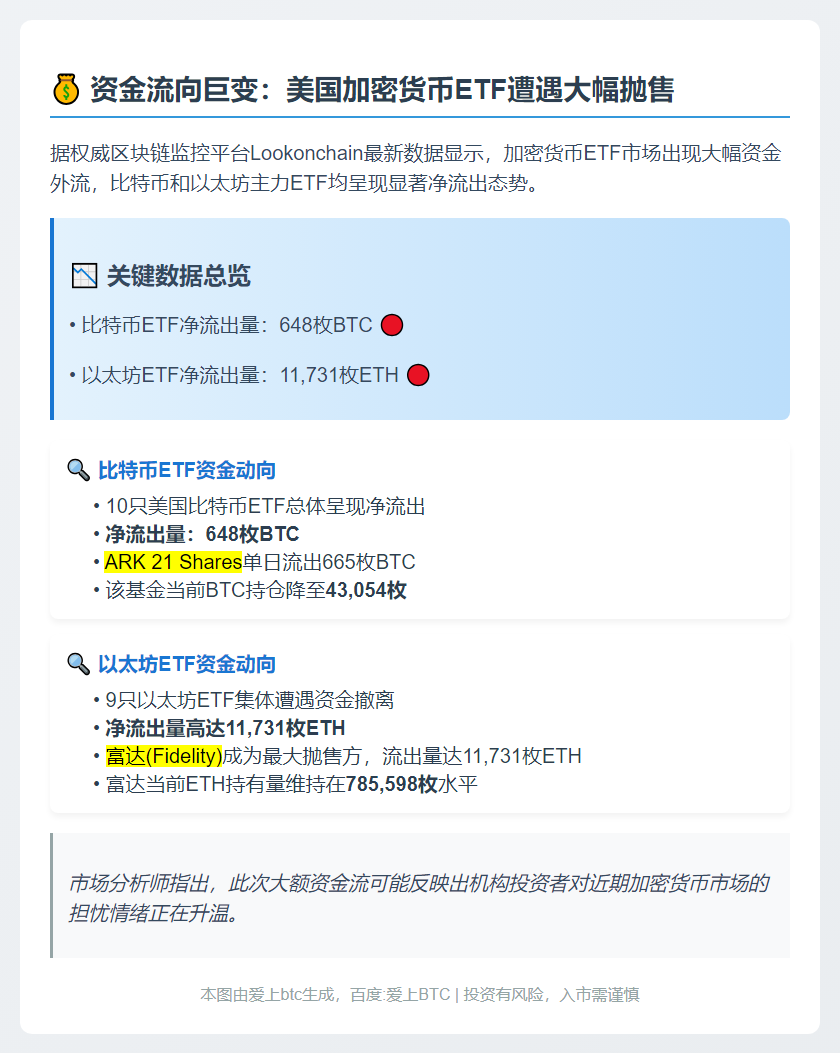 美比特币ETF净流出648枚，以太坊ETF净1.17万枚