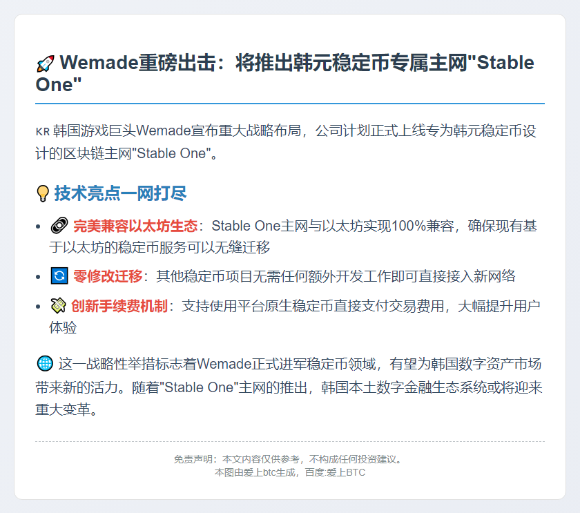 Wemade明年推出韩元稳定币主网