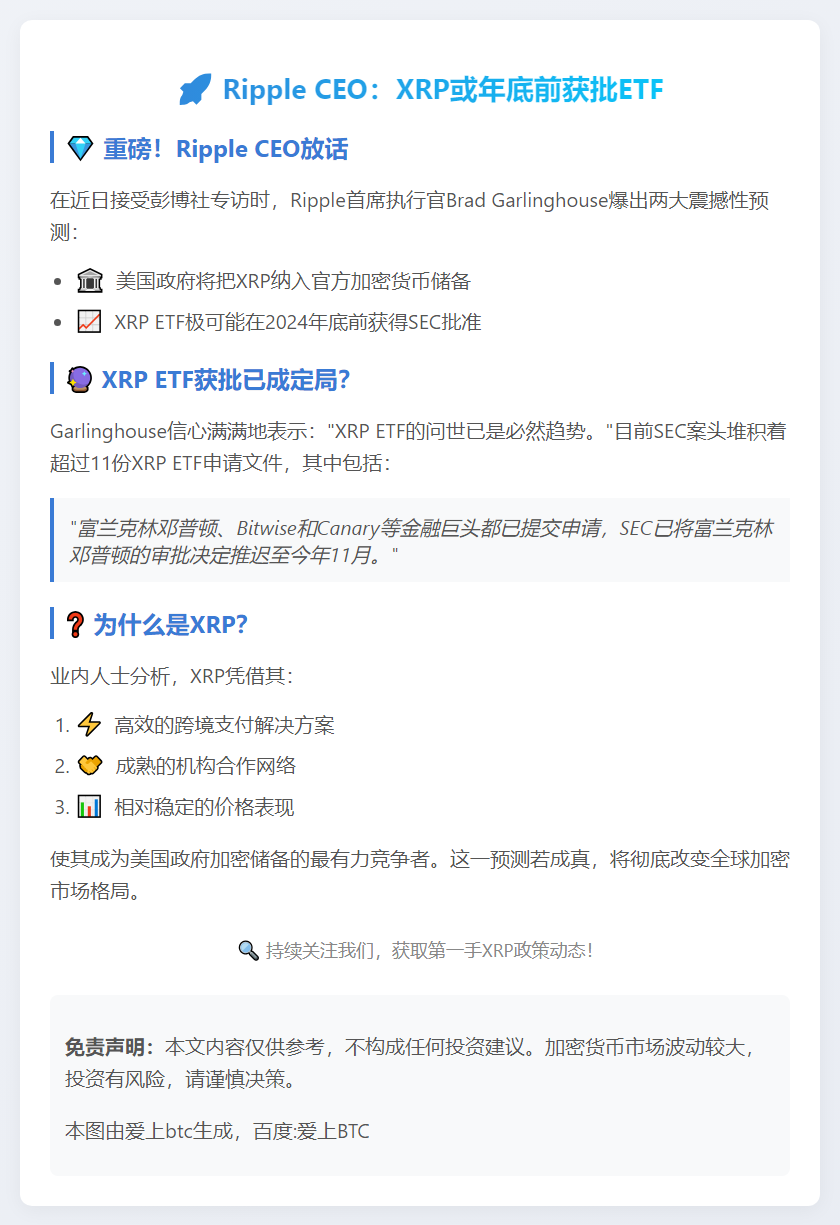 Ripple CEO：XRP或年底前获批ETF