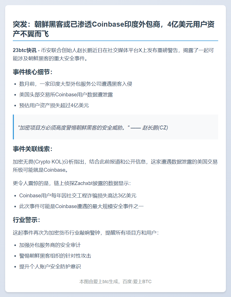 朝鲜黑客入侵Coinbase外包公司 致4亿美元损失
