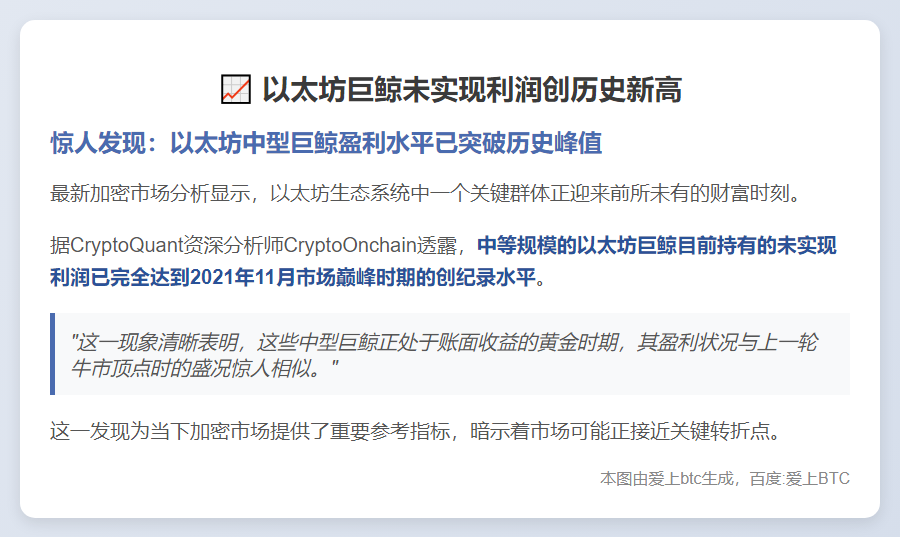 以太坊巨鲸未实现利润创历史新高