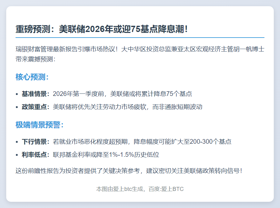 瑞银：美联储明年Q1或降息75基点