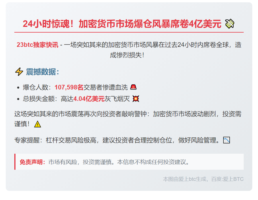 加密货币市场24小时清算超4亿美元