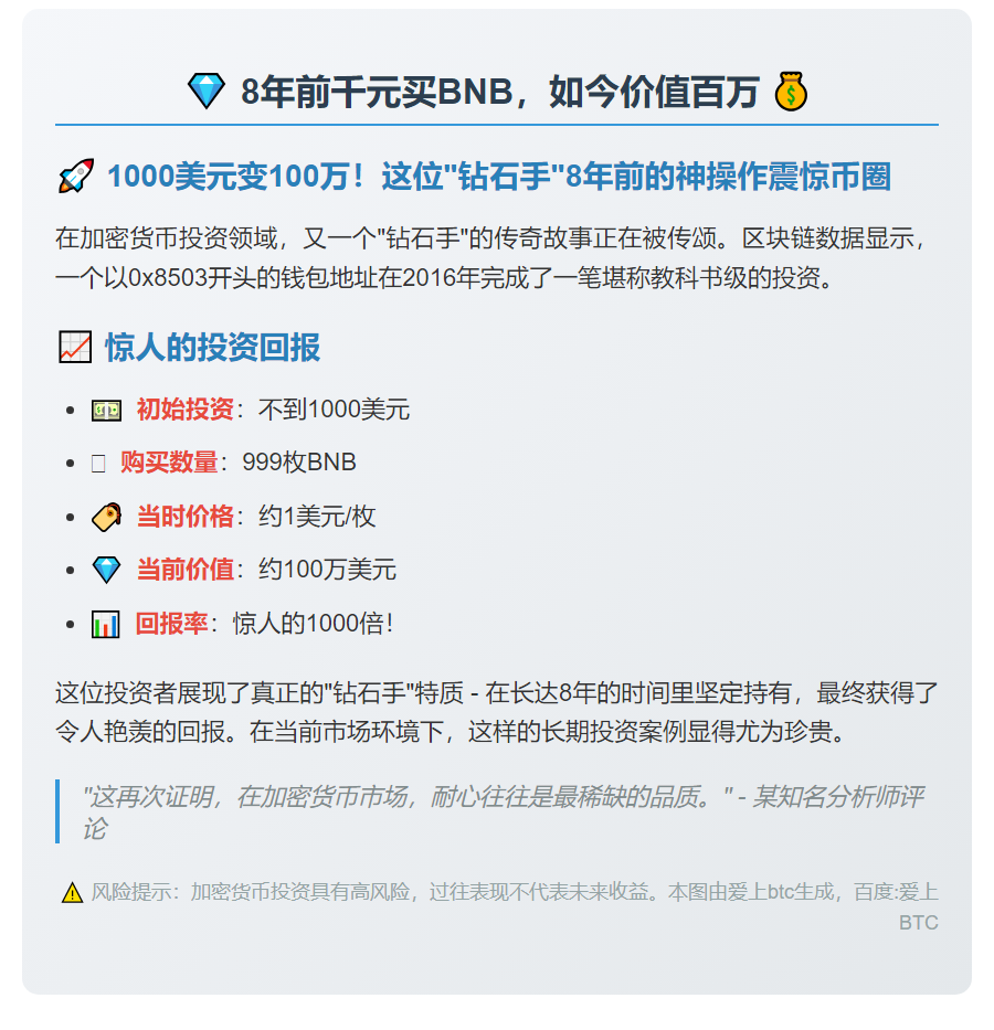 8年前千元买BNB，如今价值百万