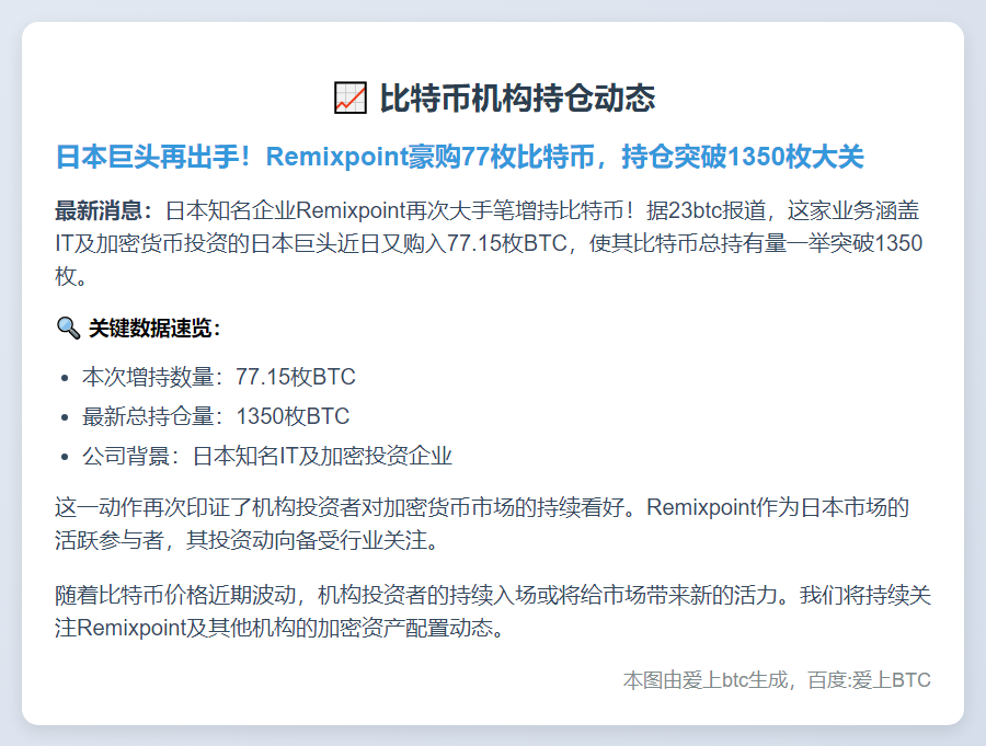 日本公司增持比特币至1350枚