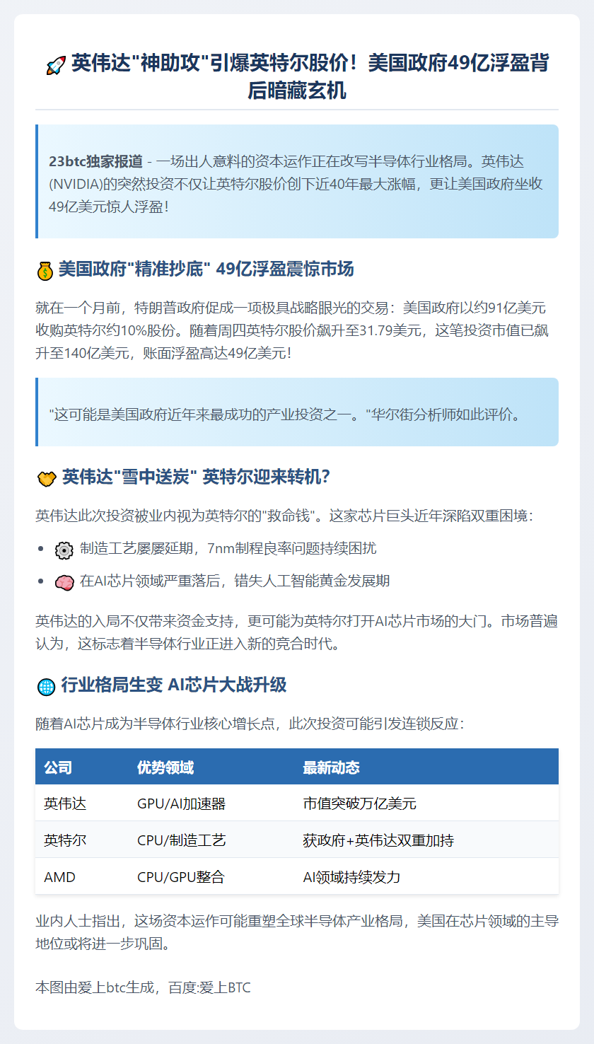 英伟达投资救英特尔 美政府赚49亿