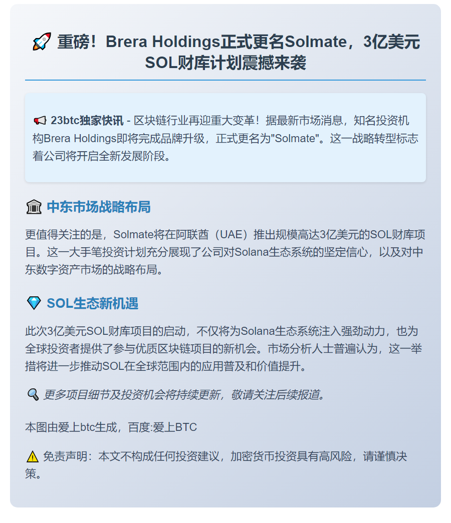 Brera Holdings更名Solmate，启动3亿美元SOL财库