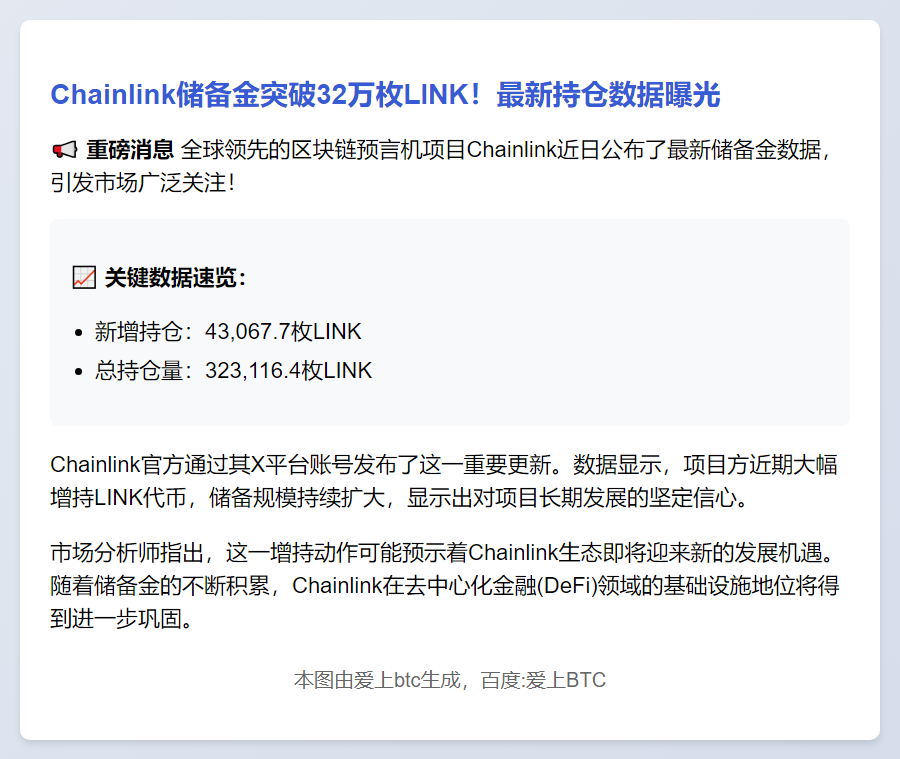 Chainlink储备持仓达32.3万枚