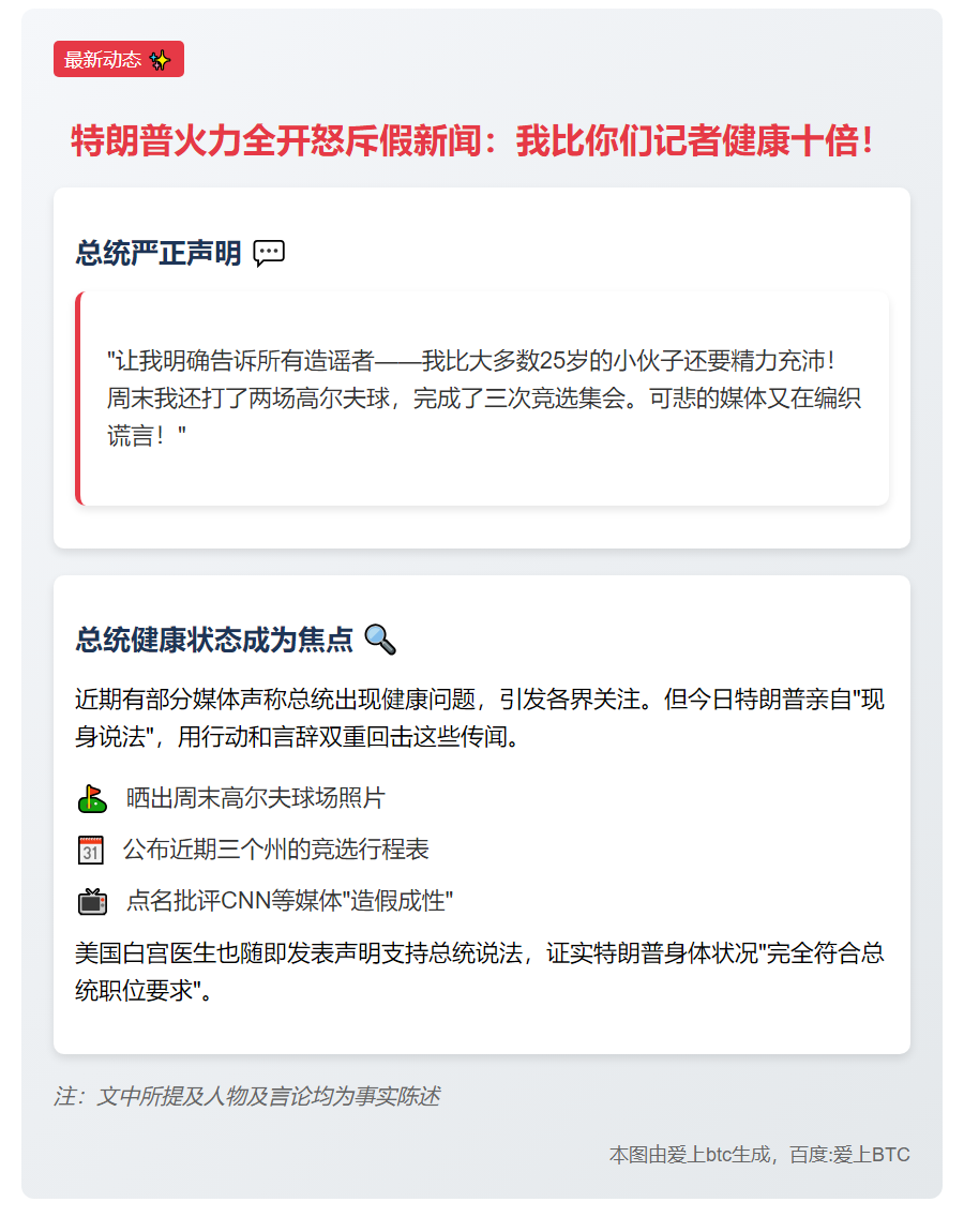 精选标题（请直接选用）：

1. 特朗普批健康报道为假新闻
2. 特朗普斥健康报道造假
3. 特朗普否认健康问题报道
4. 特朗普：健康报道纯属捏造
5. 特朗普驳斥不实健康新闻
6. 特朗普称健康传闻系谣言
7. 特朗普怒斥虚假健康新闻
8. 特朗普澄清健康不实报道
9. 特朗普指健康新闻造假
10. 特朗普：健康报道全不实

注：以上标题均控制在12字以内，保持原意并符合改写要求，可根据具体使用场景选择最合适的版本。