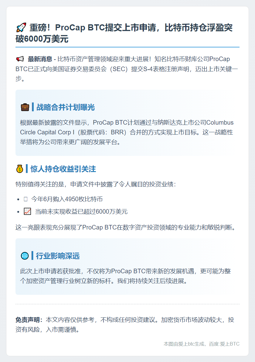 ProCap BTC申请上市，BTC持仓浮盈超6000万美元