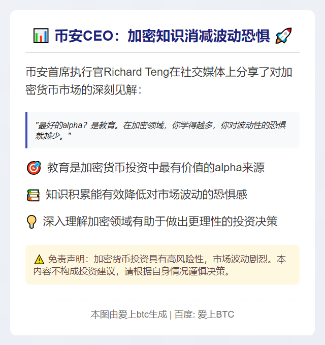 币安CEO：加密知识消减波动恐惧