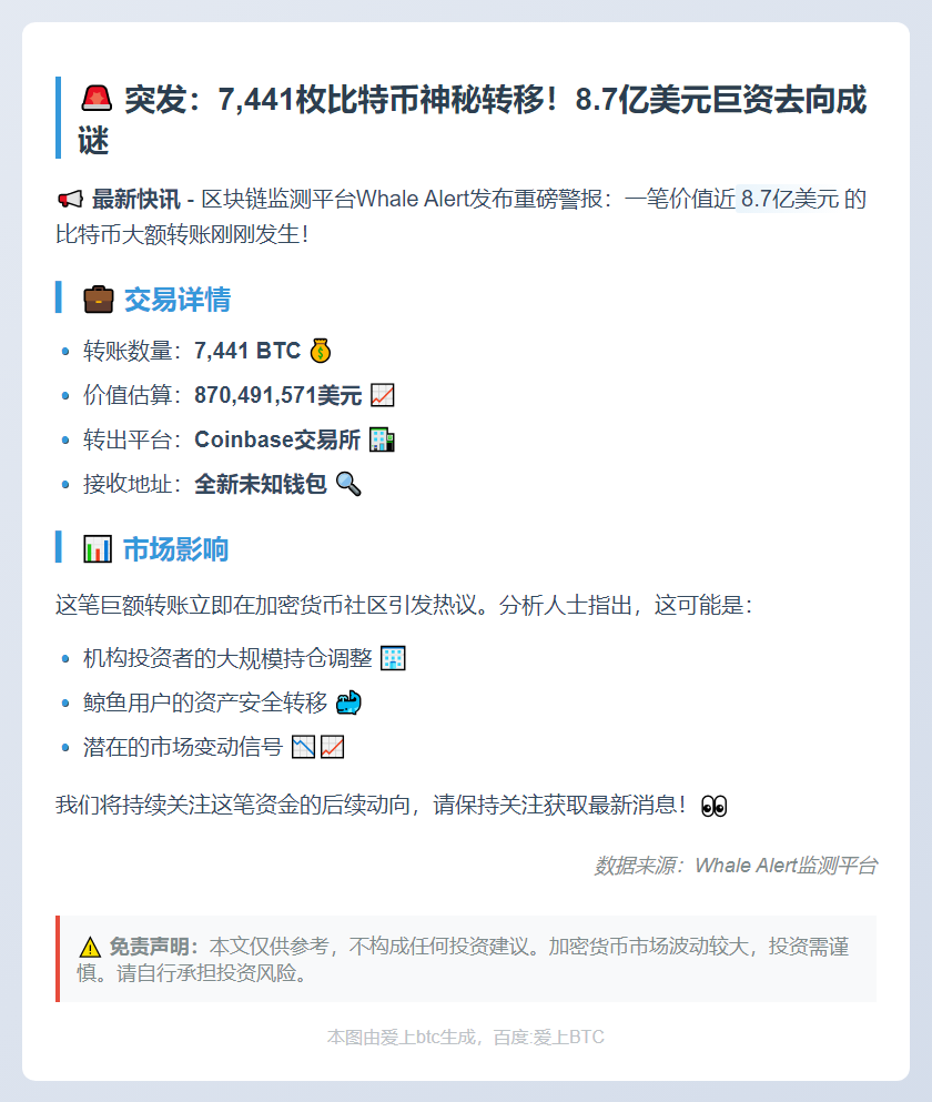 7441枚比特币转出Coinbase至未知钱包