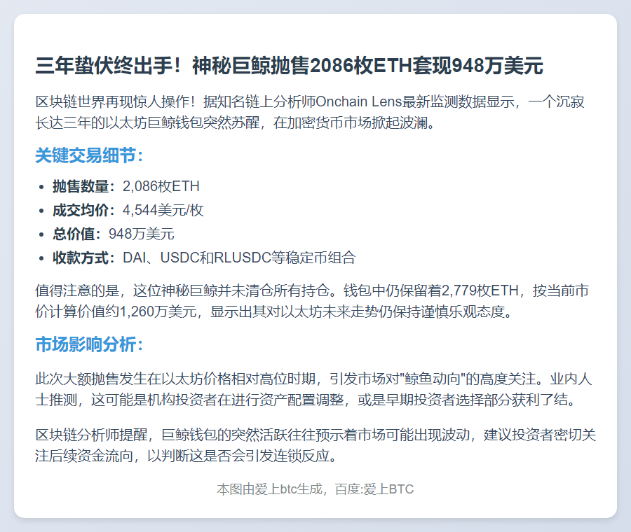 巨鲸三年后抛售2086枚ETH