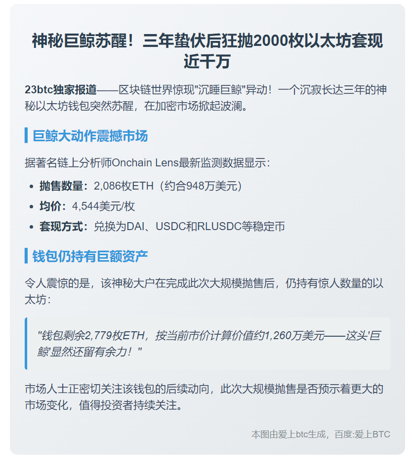 巨鲸三年后抛售2086枚ETH