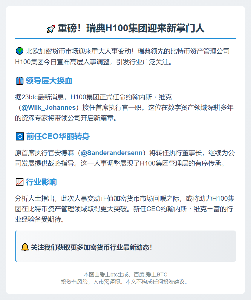 瑞典H100Group任命约翰内斯・维克为新CEO