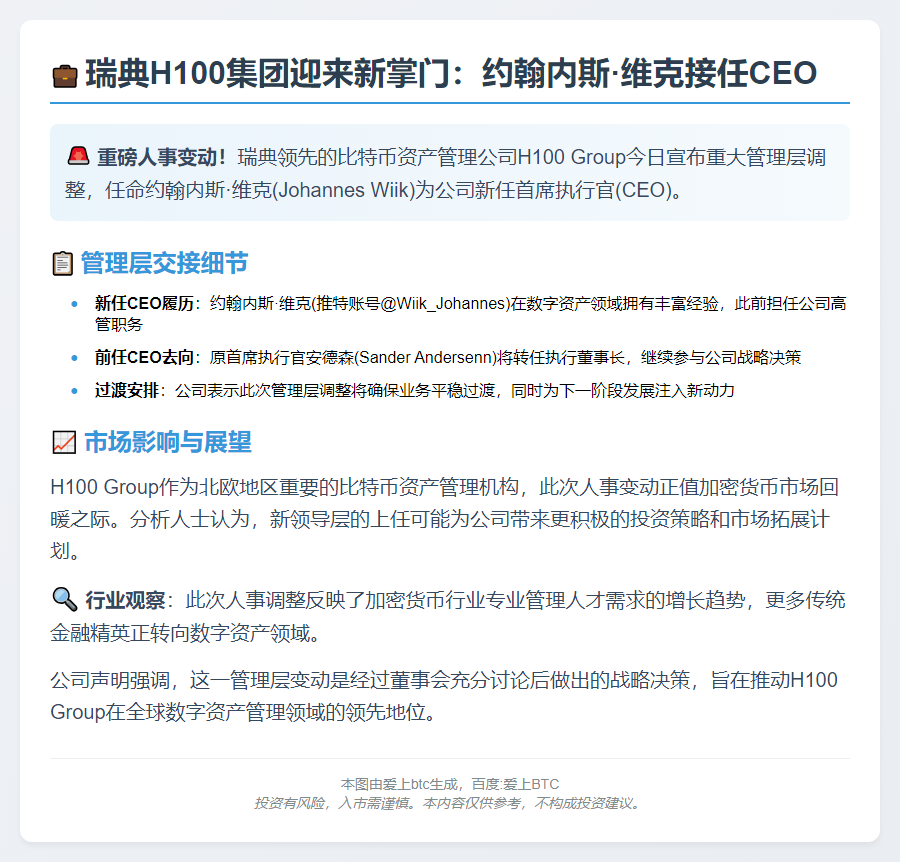瑞典H100任命约翰内斯・维克为新CEO