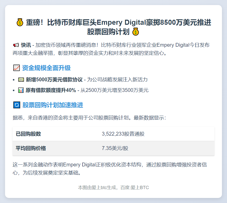 比特币财库公司Empery Digital签署5000万美元新借款协议拟回购股票