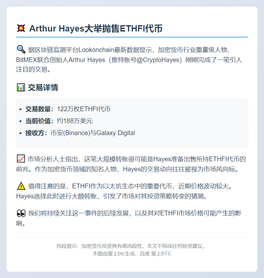 Arthur Hayes存入122万ETHFI至币安与Galaxy