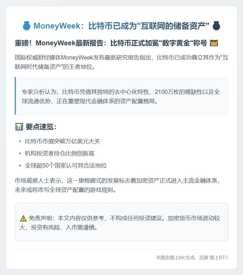 MoneyWeek：比特币已成为 “互联网的储备资产”