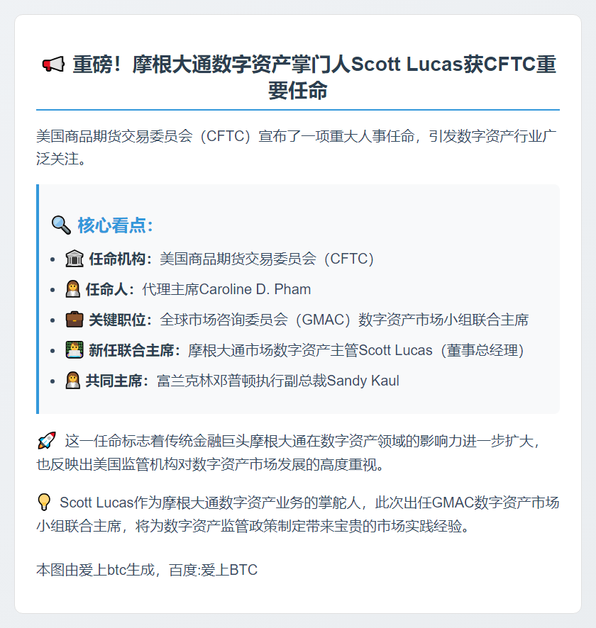 美CFTC任命摩根大通数字资产市场主管Scott Lucas为GMAC数字资产市场小组联合主席