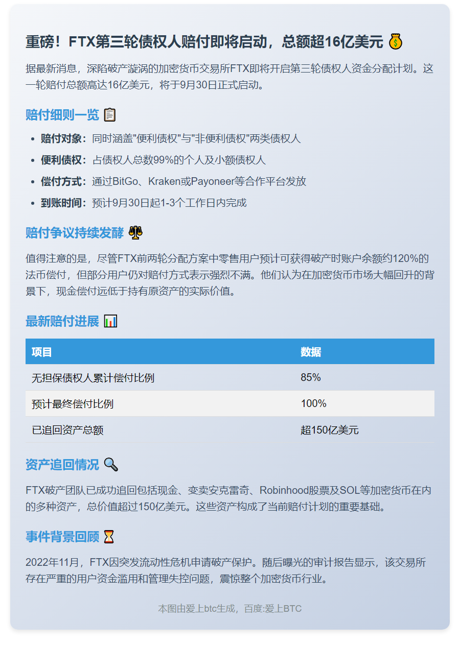 FTX启动第三轮16亿美元债权人偿付