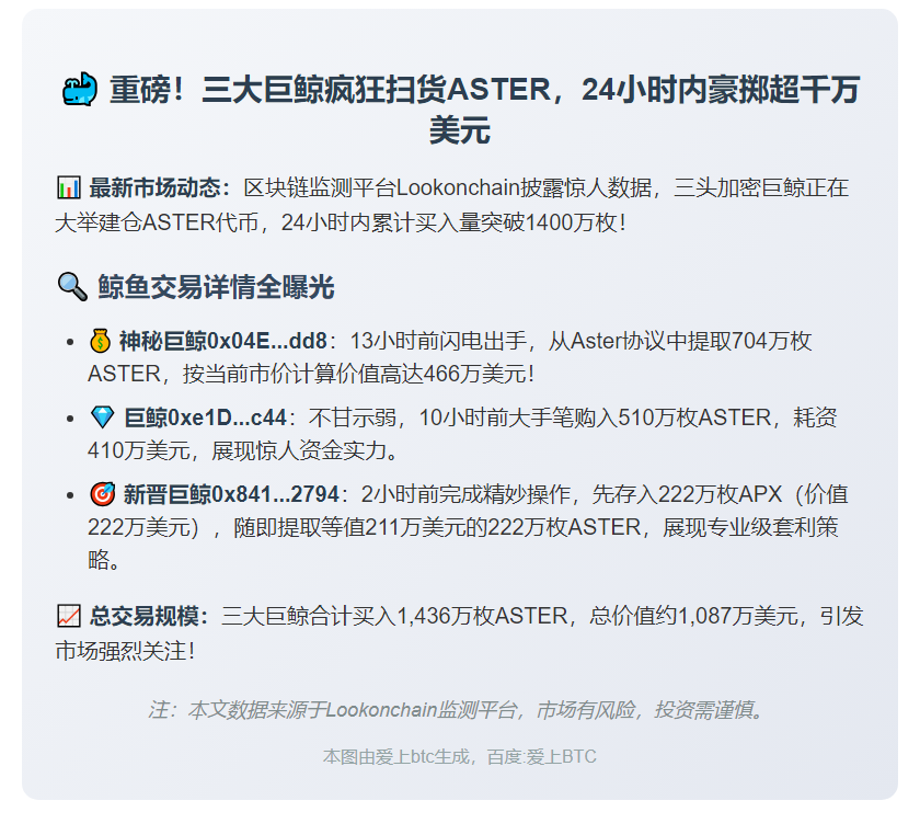 巨鲸囤积1436万ASTER，价值超千万美元