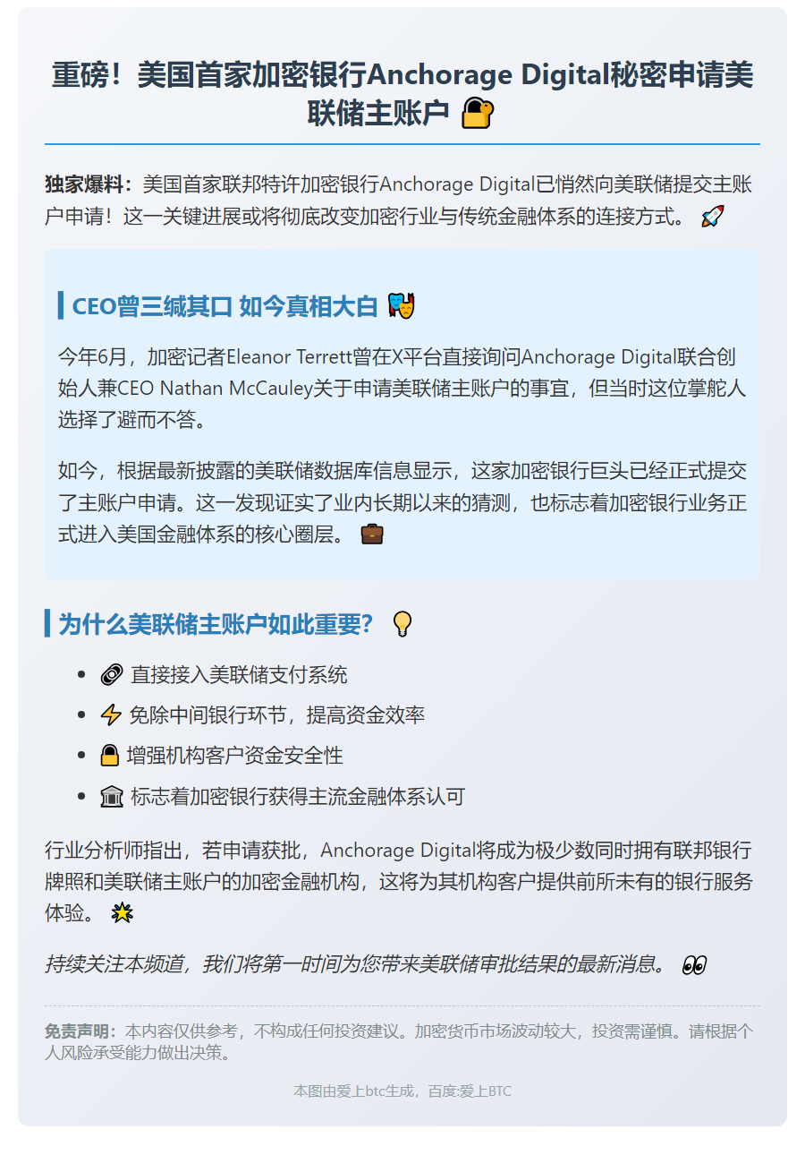 美加密银行Anchorage申请美联储主账户