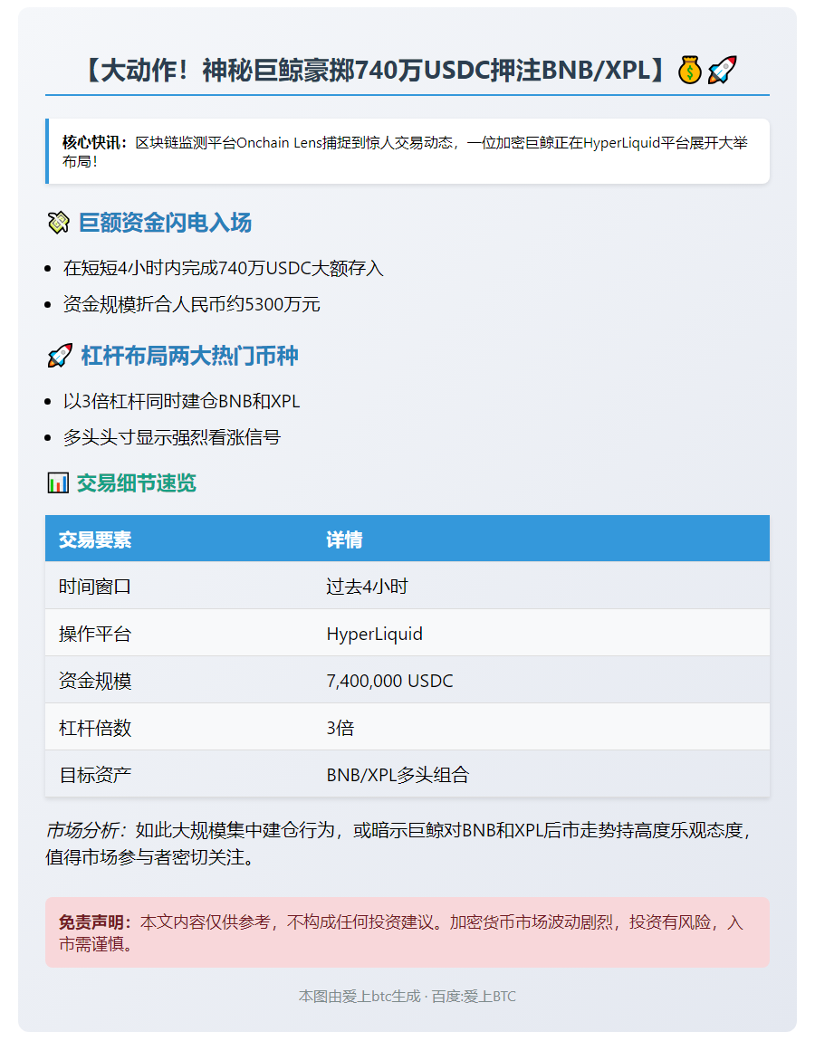 巨鲸740万USDC押注BNB和XPL