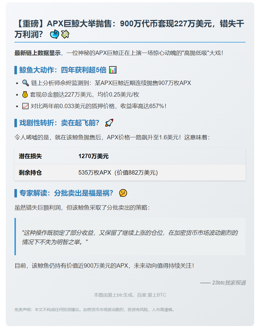 鲸鱼四天抛售907万APX套现227万U